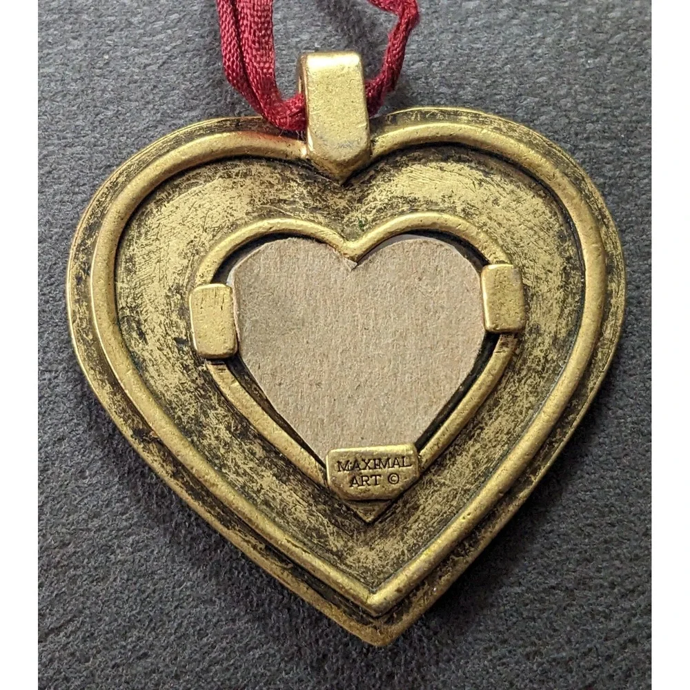 Vintage Maximal Art Heart Frame Ornament Gold Plated Pewter Handing Red Stones